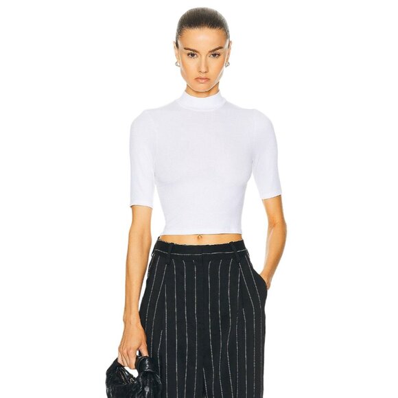 Enza Costa Silk Rib Cropped Half Sleeve Mock Neck Top in White Small New womens - Picture 4 of 11